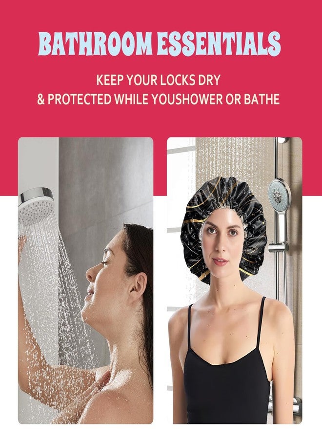 BHAHB Luxury Shower Cap Satin Lined Reusable Waterproof Double Layer Elastic Adjustable Hair Bath Cap Cute Aesthetic Women Girls-Black Marble - Image 5